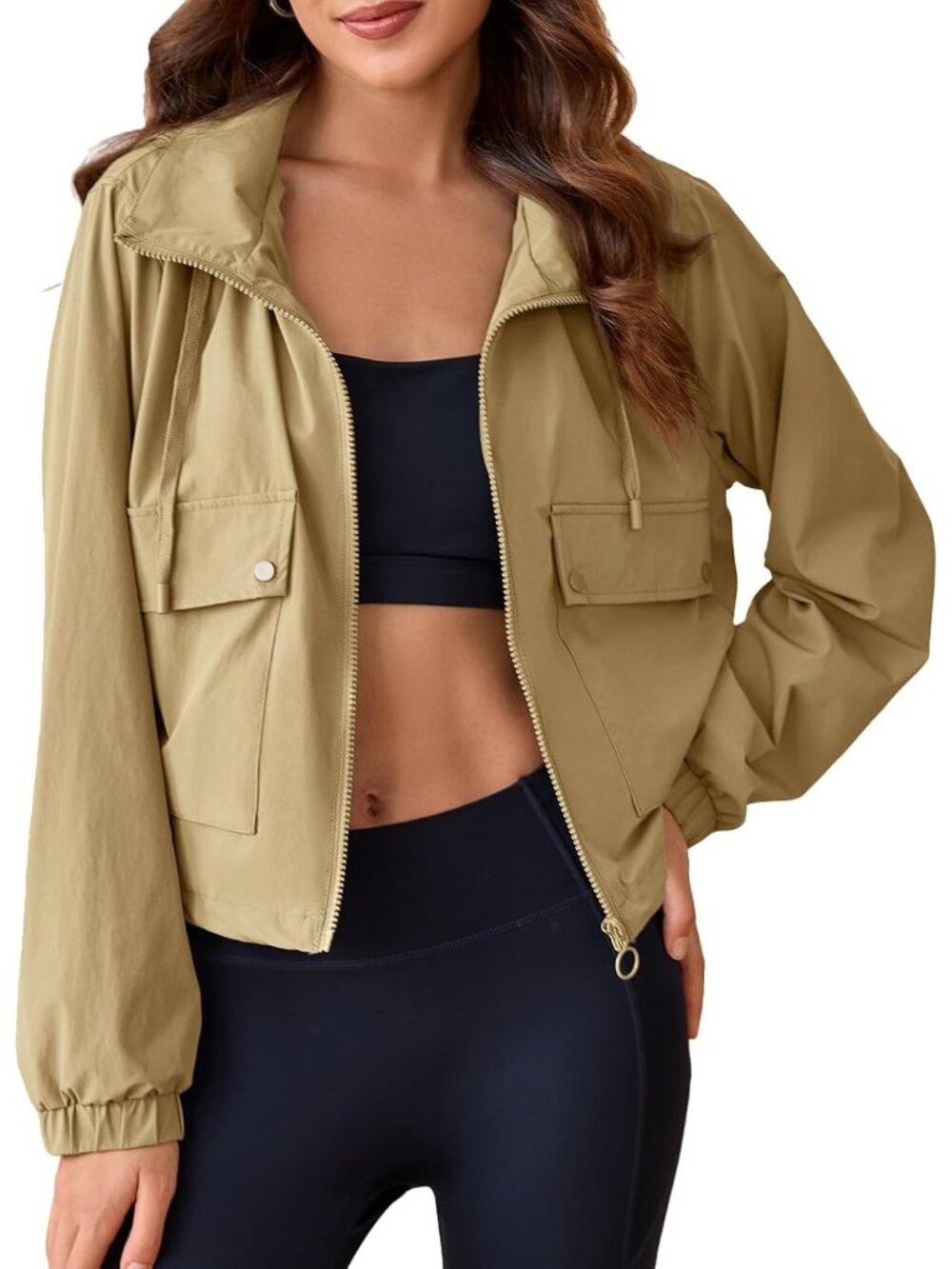 Women Khaki Elasticized Cuffs Long Sleeve Pocket Hooded Zipper Cropped Jackets